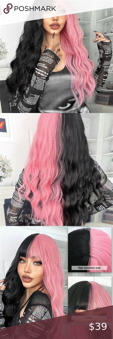 Half Black And Half Pink Long Wavy Curly Wigs With Bangs 26 Inch Fashion In 2024 Wigs With