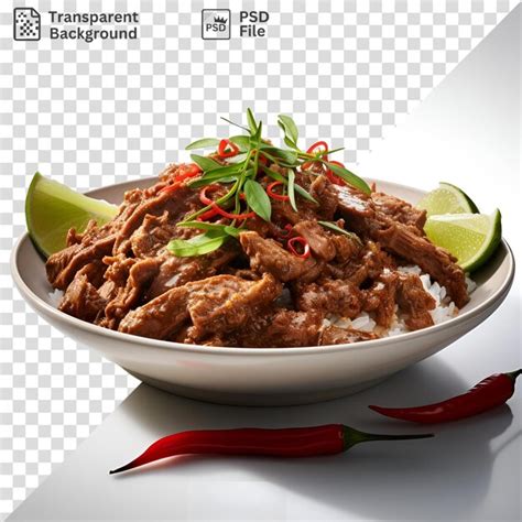 Premium PSD Isolated A Bowl Of Meat And Garnish On A White Table