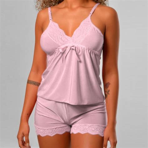 Pijama Baby Doll Feminino Liso Renda Blusa E Short Feira Da