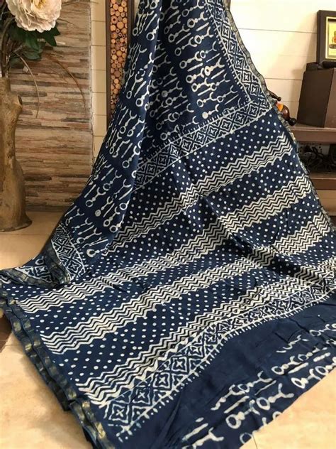 Mansi Printers Blue Bagru Indigo Chanderi Saree At Rs In Jaipur