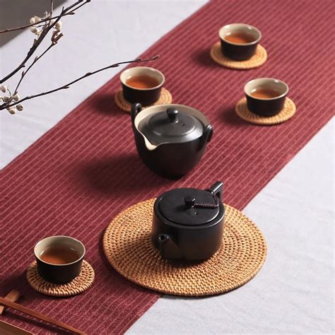 Rattan Tea Cup Mats Coaster Drink Table Mat Set Round Handmade Kungfu