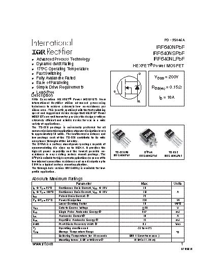 Irf N Datasheet V Single N Channel Ir Mosfet In A To Ab Package