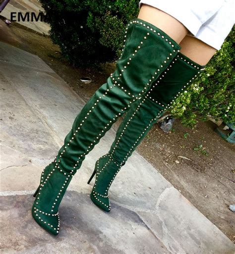 Green Suede Rivet Thigh High Studded Pointy Toe Boots Green Thigh