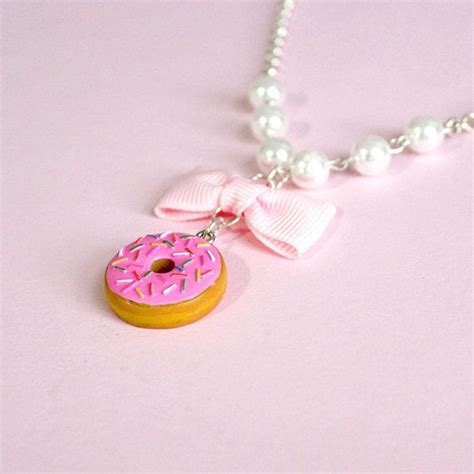 Pink Donut And Pearls Necklace Food Necklace Pinup Jewelry Chocolate