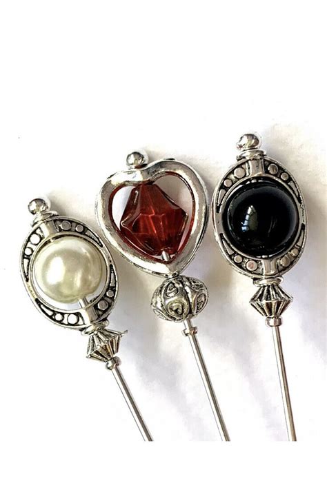 3x Hat Pins Pearl Onyx And Glass Vintage Style 3 Inch Long Hat Pins