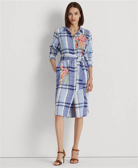 Lauren Ralph Lauren Womens Floral And Plaid Linen Shirtdress Macys