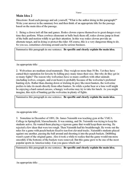 Summary And Main Idea Worksheet Answer Key