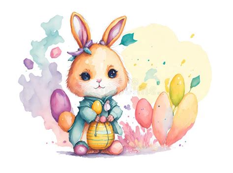 Watercolor Spring Illustrated Postcard Of Cute Bunny With Easter Eggs