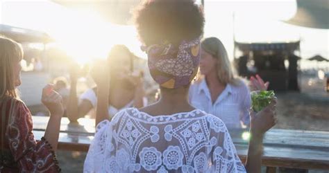 Happy Multiracial Girls Having Fun Drinking Mojitos At Beach Party Outdoor Stock Footage