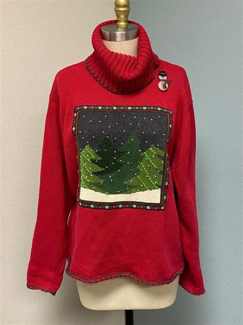 Coldwater Creek Red Christmas Winter Holiday Sweater With Pin