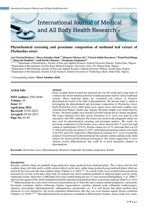 Pdf Phytochemical Screening And Proximate Composition Of Methanol