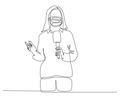 Continuous Line Drawing Of Female Journalist With Microphone Doing A