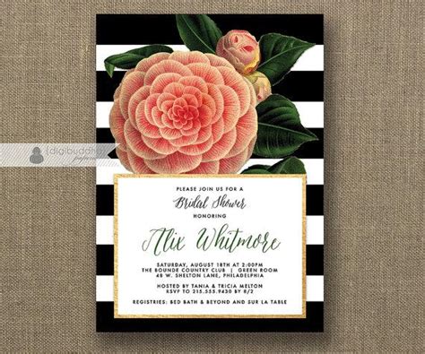 Pink Bridal Shower Invitation Vintage Flower Black And White Stripes Gold Metallic Modern Free