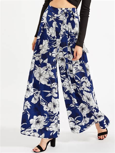 Self Belted Pleated Floral Palazzo Pants Shein Sheinside