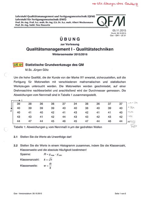 QM1 Uebungen und Lösungen Qualitätsmanagement Studocu