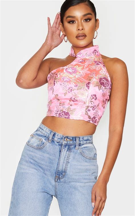 Pink Satin Print Asymmetric Crop Top Prettylittlething Uae