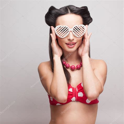 Pin Up Model In Heart Shaped Sunglasses Stock Photo By Arastorguev