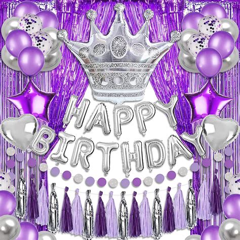 Joyypop Purple Birthday Decorations With Silver Crown Balloon Silver