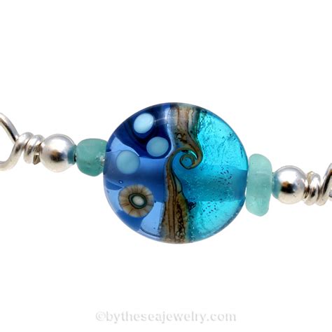 Under The Sea Aqua Beach Found Sea Glass Bangle Bracelet W Handmade Bead Sb1645