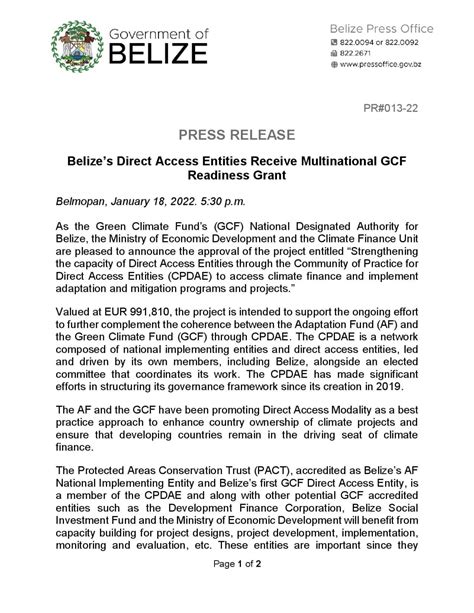 Press Release Belizes Direct Access Entities Receive Multinational