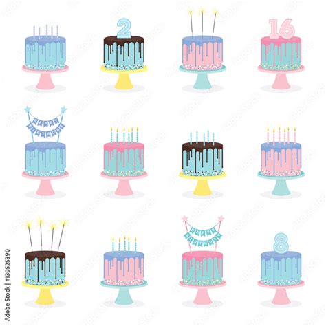 Set Of Birthday Cakes With Candles Sparklers And Decoration Vector