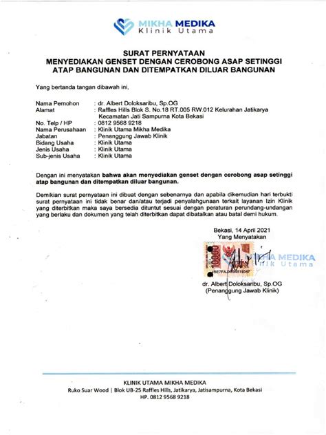 Surat Pernyataan Menyediakan Genset Pdf