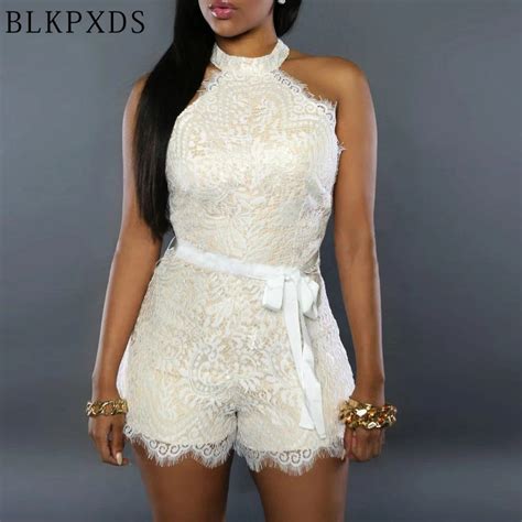 New Summer Style Lace White Halter Sleeveless With Belt Women Jumpsuit Bodysuit Sexy Jumpsuits