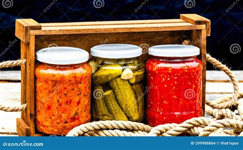 Wooden Crate With Glass Jars With Variety Of Canned Vegetables Isolated