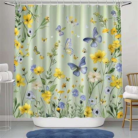 Pastel Yellow And Blue Wildflowers Butterfly Pattern Shower Curtain