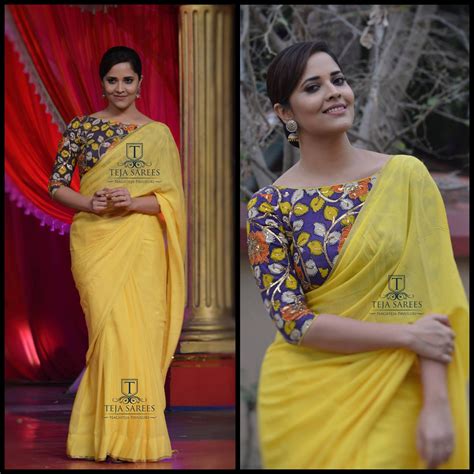 Anasuya Bharadwaj In A Hand Painted Kalamkari Blouse Teamed With Yellow