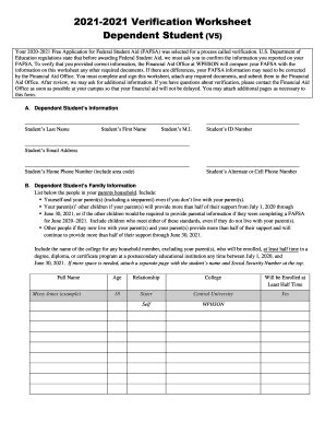 Fillable Online 20202021 V5 Verification Worksheet Dependent Student