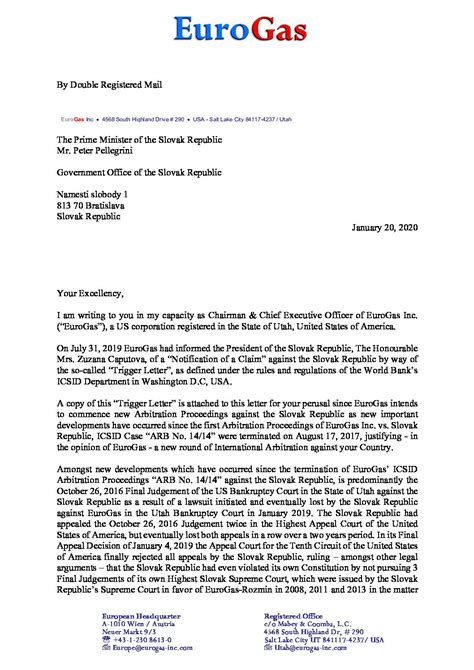 Eurogas Inc January 20 2020 Letter To The Prime Minister Of The