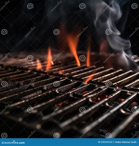 Barbecue On The Grill Barbecue Grill With Fire Flames Empty Fire Grid