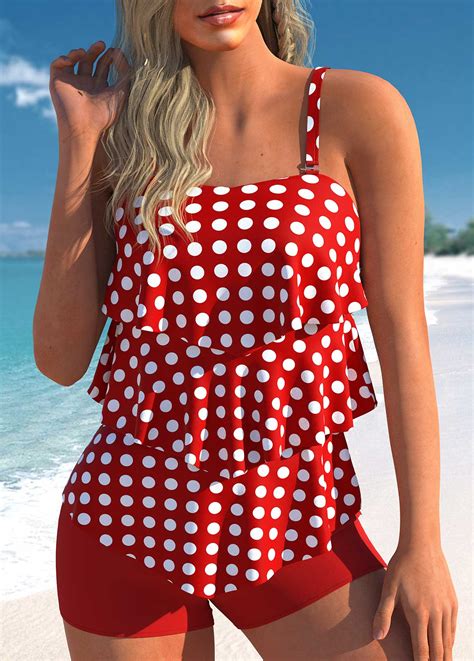 Rotita Polka Dot Layered Hem Red Tankini Set Rotita Usd