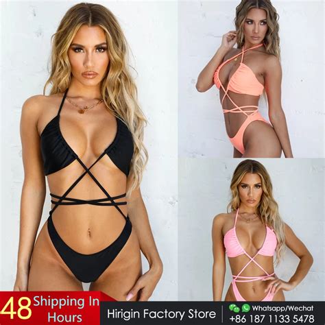 Hirigin Bikini Bandage Cruzado Para Mujer Traje De Ba O Liso Con