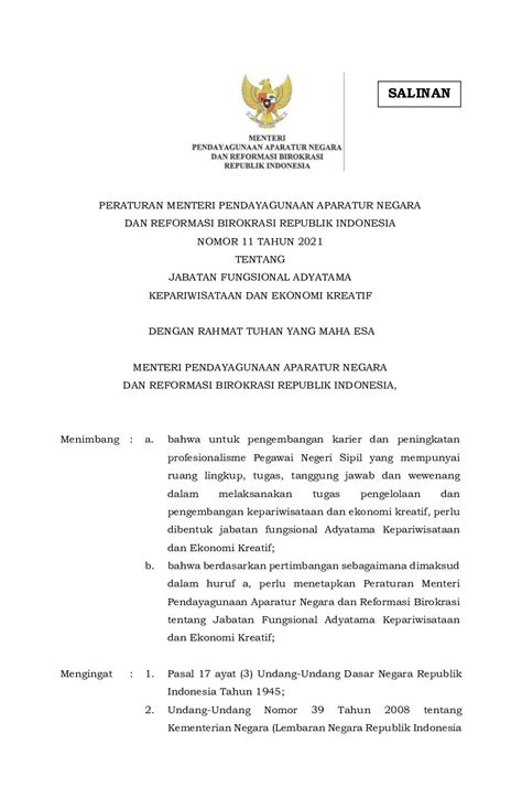 Peraturan Menteri Negara Pendayagunaan Aparatur Negara Dan Reformasi Birokrasi No 11 Tahun 2021