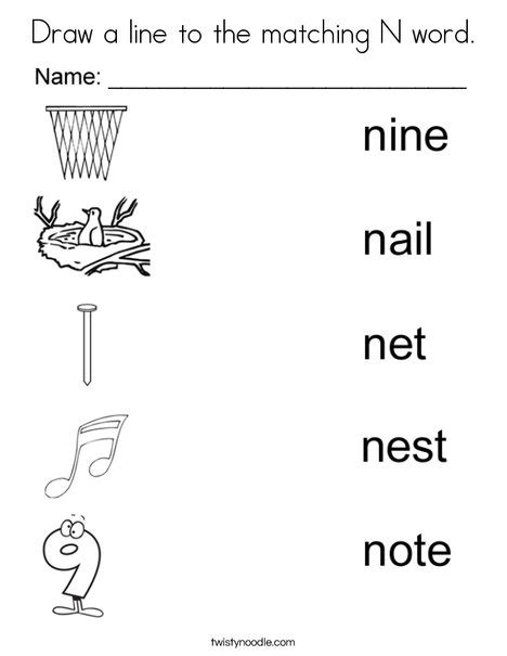 Draw A Line To The Matching N Word Coloring Page Twisty Noodle