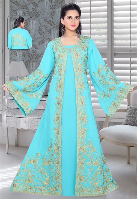 Aqua Faux Georgette Embroidered Readymade Kaftan