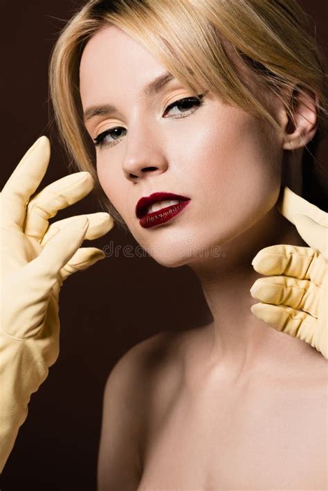 Human Hands In Yellow Gloves And Beautiful Naked Blonde Girl Stock Image Image Of Vogue