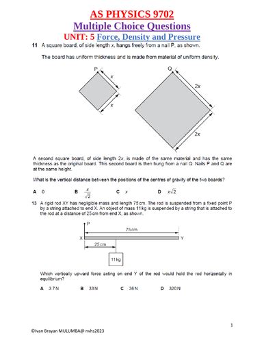 As Physics 9702 Force Density And Pressure Teaching Resources