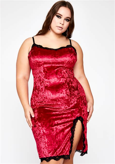 Plus Size Crushed Velvet Sleeveless Midi Slip Dress Lace Trim Side Slit Red Dolls Kill