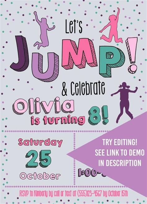 Jump Party Trampoline Invitation Girls Bounce Birthday Invite Instant