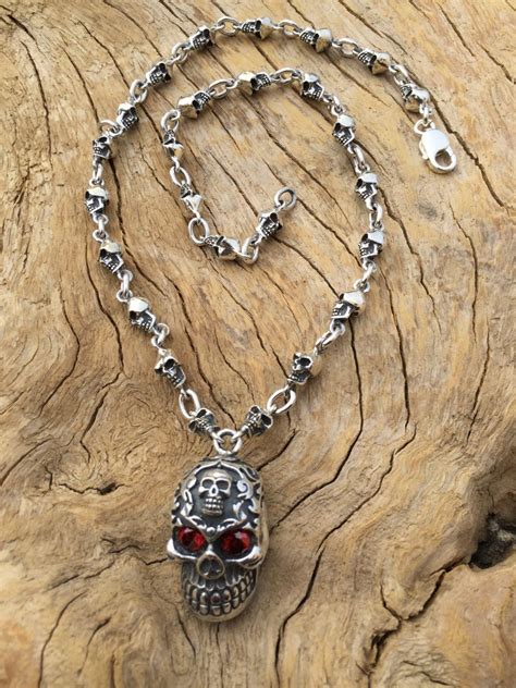 Mens 925 Sterling Silver Skulls Chain With Skull Red Zirconias Eyes Pendant Handmade 925