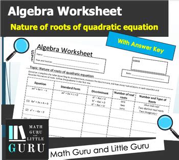 Algebra Worksheet nature of roots of quadratic equation | TPT