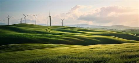 Premium Photo Wind Turbines On Green Rolling Hills Under Cloudy Sky Showcasing Natural Beauty