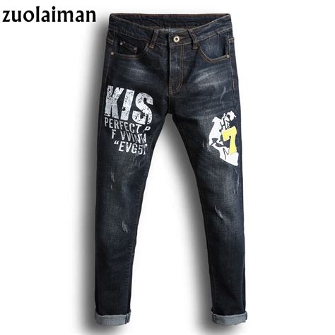 Brand Fashion Mens Jeans Letter Printed Stretch Jeans Men Slim