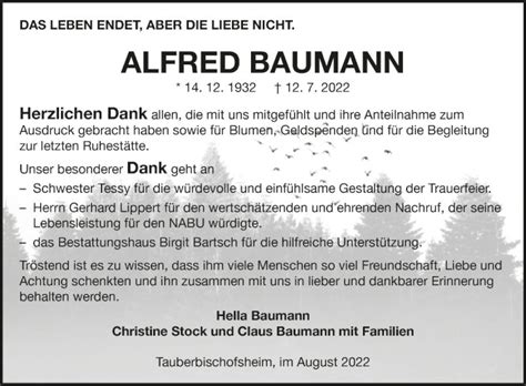 Traueranzeigen Von Alfred Baumann Trauerportal Ihrer Tageszeitung