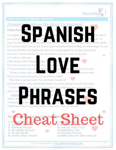 Spanish Love Phrases – Cheat Sheet