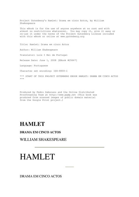 Hamlet Drama Em Cinco Actos De William Shakespeare