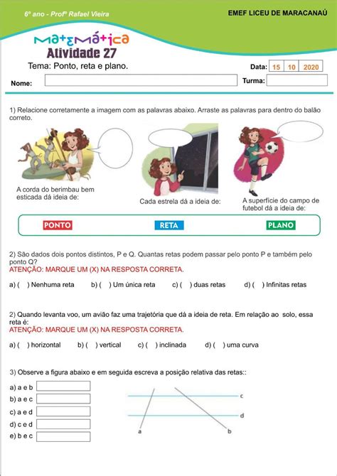 Ponto Reta E Plano Ano Atividade Worksheet